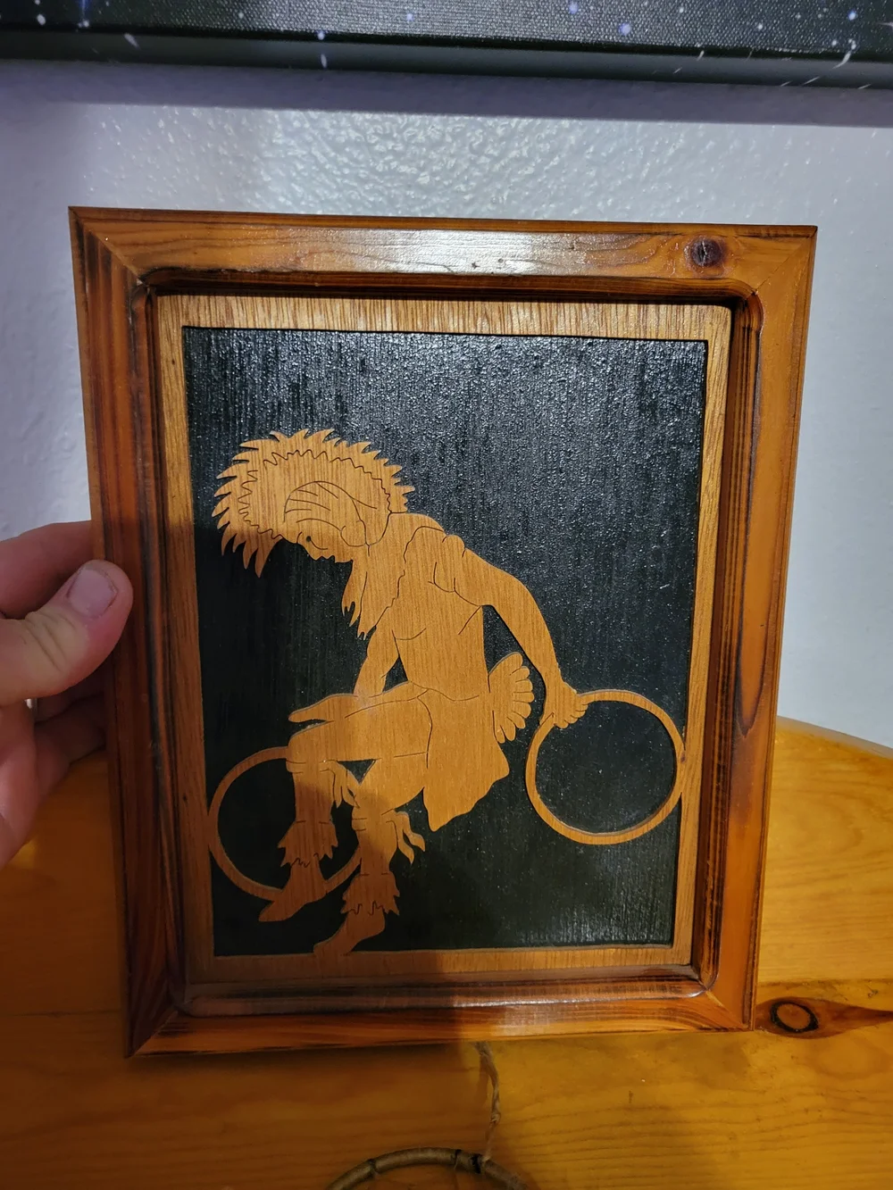Wood Inlay Framed Native Hoop Dancer Wall Art - Black & Natural Wood